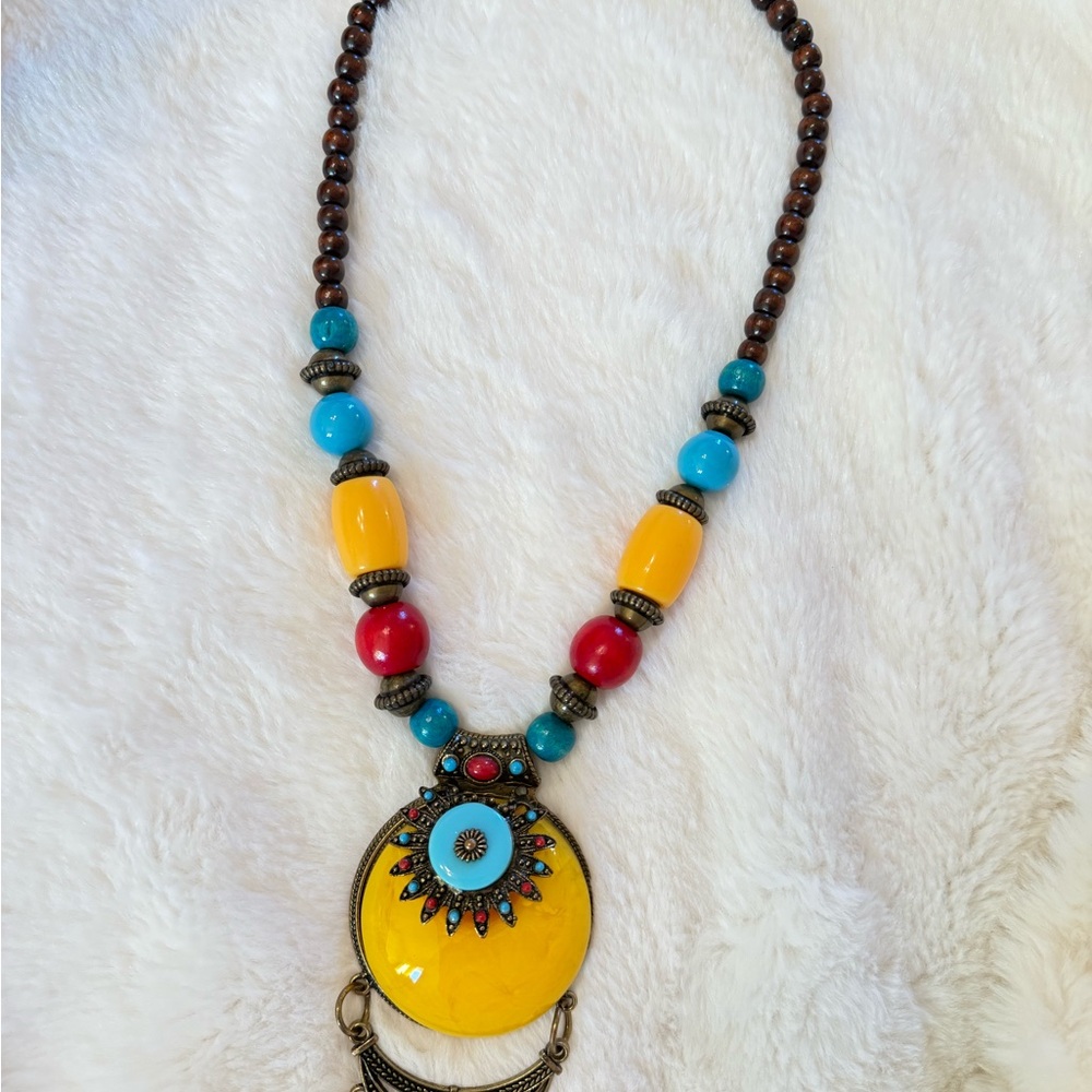 Colorful Beaded Necklace with Yellow Pendant